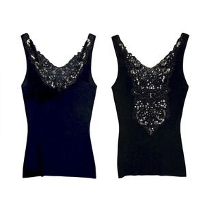 Vintage Y2K Cache Black Sequin Lace Trim Ribbed Knit Tank M